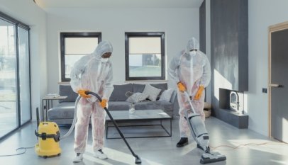 cleaners in ppe vacuuming a tiled floor