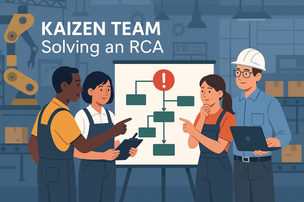 Kaizen team solving a quality root cause analysis problem